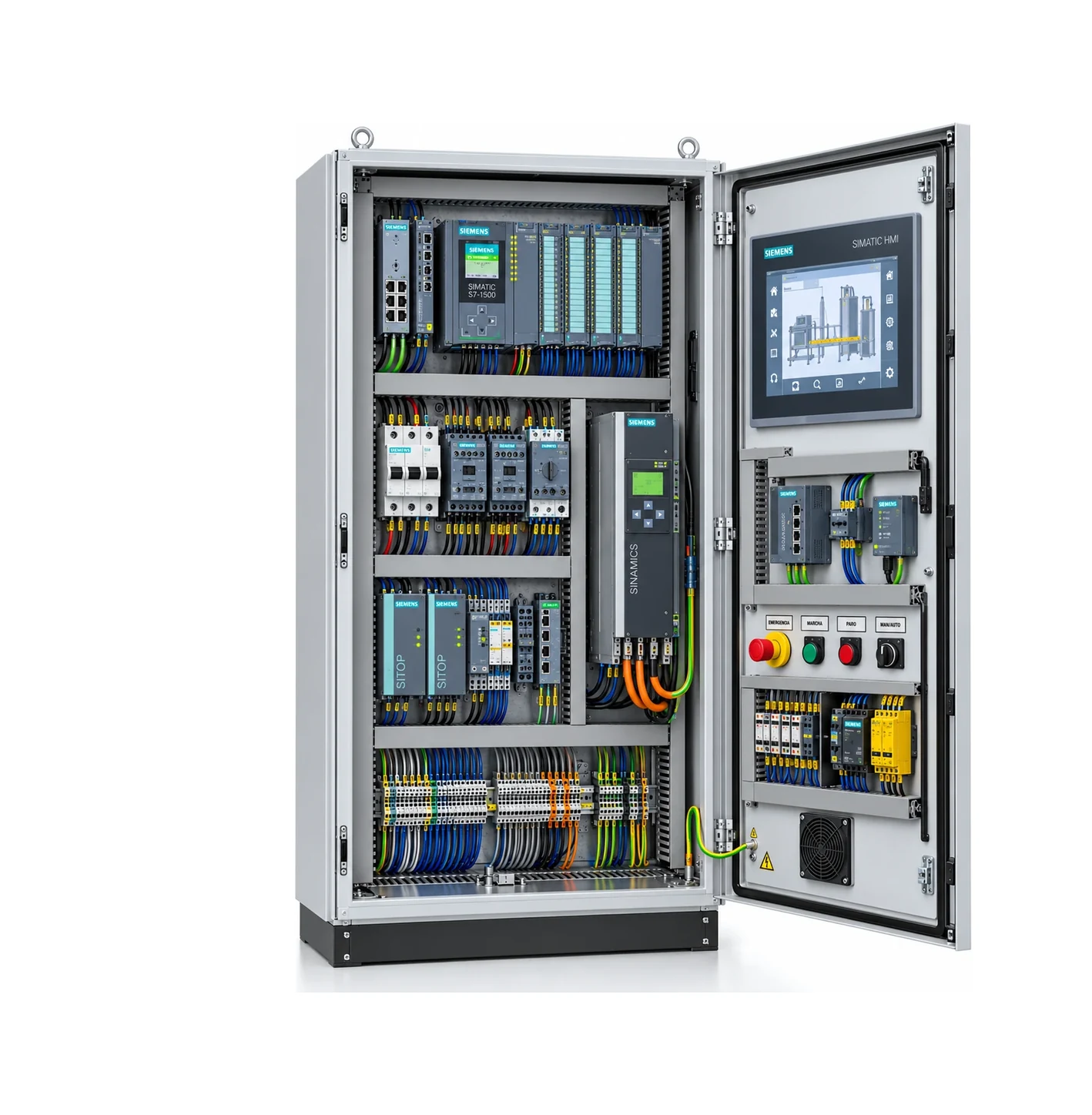 Armario de control con equipos Siemens: PLC SIMATIC S7-1500, SIMATIC HMI, fuentes SITOP, variador SINAMICS y botonera